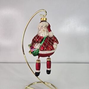 VTG Blown Glass Santa Hanging Ornament With Dangling Legs‎ Toy Sack and Tree